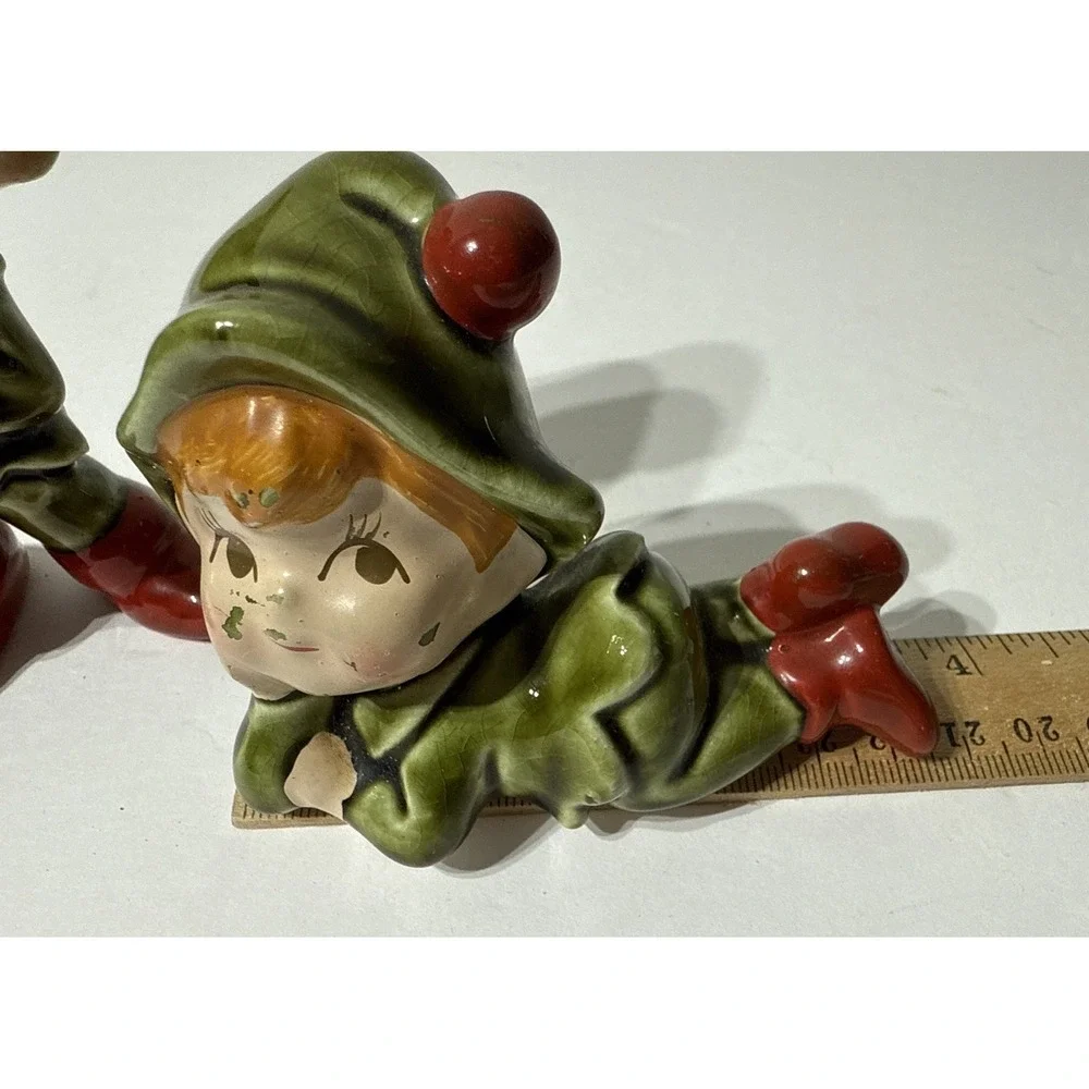 Vtg 2 Pc. Ceramic Pixie Santa Elf Music Christmas‎ Handpainted Figurine Japan 4